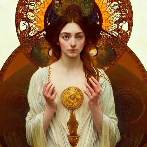 Image similar to portrait of the goddess of the sun who looks like Ana de Armas and Saoirse Ronan, D&D, fantasy, intricate, elegant, highly detailed, digital painting, artstation, smooth, sharp focus, art nouveau illustration, by Alphonse Mucha and William Adolphe Bouguereau