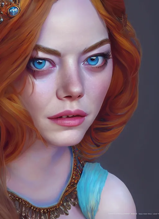 Image similar to portrait of emma stone as princess jasmine, hyper detailed, digital art, trending in artstation, cinematic lighting, studio quality, smooth render, unreal engine 5 rendered, octane rendered, art style by klimt and nixeu and ian sprigger and wlop and krenz cushart.