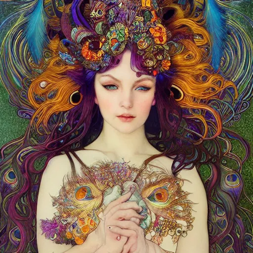 Prompt: realistic detailed face portrait of an otherworldly fairy tale Peacock Goddess with colorful feathers and ornate jewels in her hair by Alphonse Mucha, Ayami Kojima, Amano, Charlie Bowater, Karol Bak, Greg Hildebrandt, Jean Delville, and Mark Brooks, Art Nouveau, Neo-Gothic, gothic, rich deep dark peacock feather colors