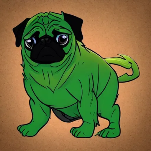 Image similar to pug dog turning into the Incredible Hulk, green skin, angry, torn clothes, marvel comics, cell animation, intricate detail,