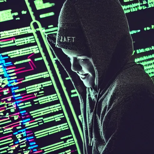 Prompt: low - fi hacker happy at dark mode terminal