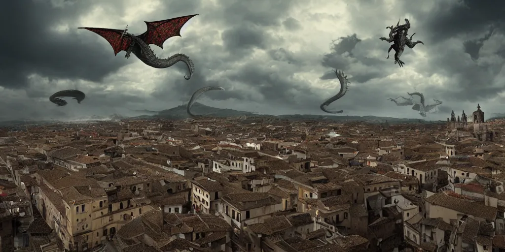 Image similar to the monumental city of caceres with a dragon flying over it, dramatic lighting, cinematic, extremly high detail, photorealistic, cinematic lighting, post processed, concept art, artstation, matte painting, style by greg rutkowsky