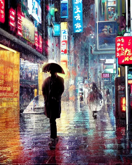 Prompt: realist digital painting of 2 1 savage in a tokyo street, night with neon signs as the main source of light, raining and lights reflecting off puddles on the street, a woman with an umbrella is walking away from us, unreal engine, hyper realism, realistic shading, cinematic composition, realistic render, octane render, detailed textures, photorealistic, ultrawide shot, 3 5 mm film