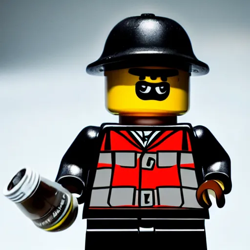 Image similar to !dream macro photo of angry man lego figure in black sportswear, eight-piece cap on head, holding a vodka bottle, ambient lighting