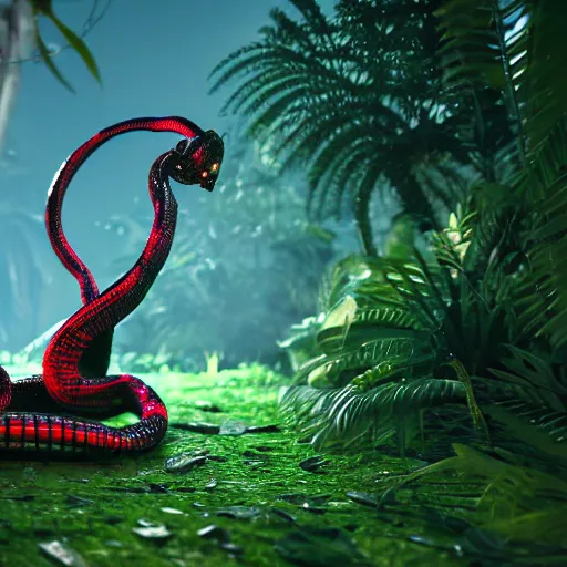 Image similar to robot snake in the middle of the jungle spying enemy country, red glowing eyes, dense jungle, middle of night, hd, uhd, 8 k, octane render