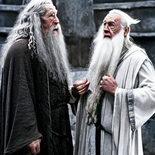 Prompt: gandalf and dumbledore fighting in fight club