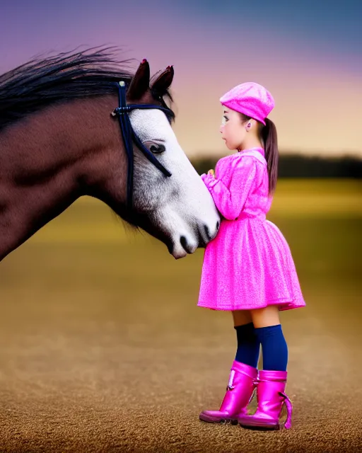 Image similar to young girl with dark hair, two ponytails, wears boots, next to her is a pink pony with a hat, photo taken by nikon, sharp focus, highly detailed, studio lightning, 4 k