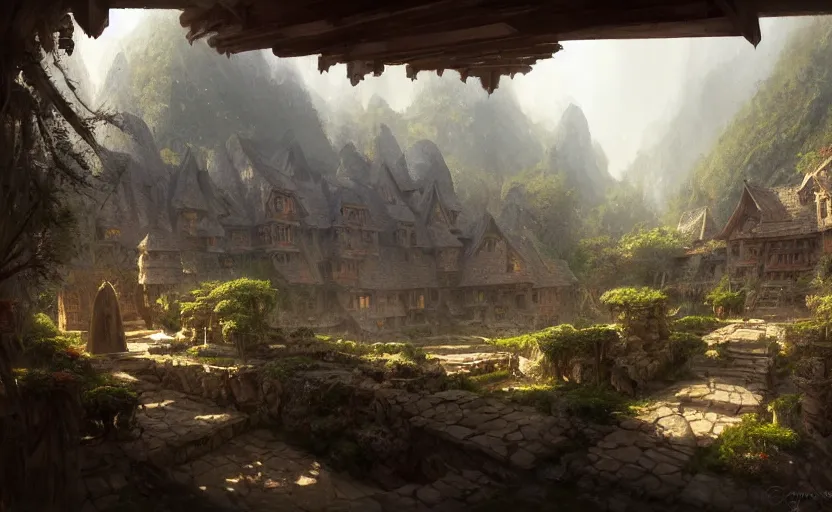 Image similar to painting of a series of opposing living quarters overlooking communal area carved into a mountain, lush garden with hot spring between, cozy bed, well maintained, clean, medieval, fantasy genre, natural light, fantasy, natural light, concept art, by greg rutkowski and craig mullins, cozy atmospheric and cinematic lighting, trending on artstation