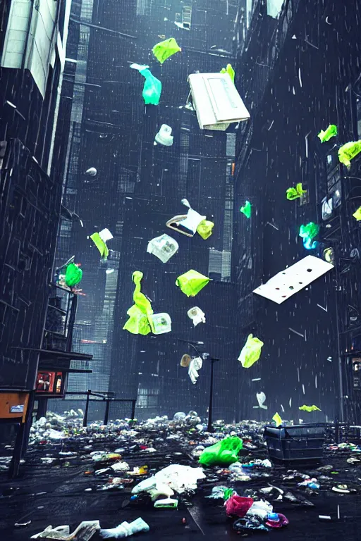 Image similar to trash falling from the sky, cyberpunk