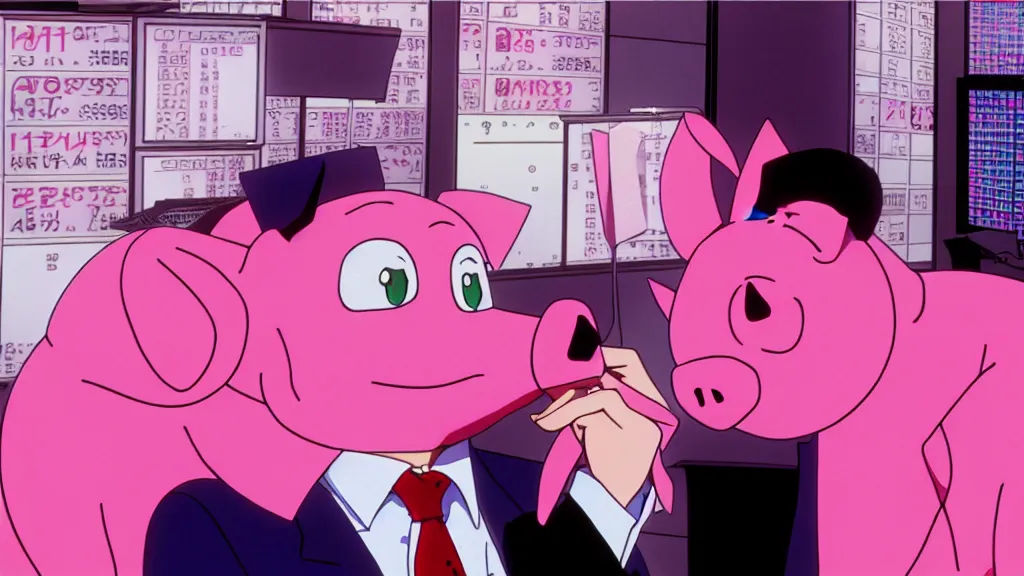 Prompt: a man wearing a pink suit and a pink pig mask working at a stock exchange, anime film still from the an anime directed by Katsuhiro Otomo with art direction by Salvador Dalí, wide lens