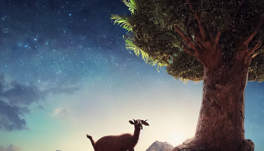 Prompt: very very small goat, sitting on a gigantic coconut tree in moonlit socotra island by ilya kuvshinov, starry night, rtx rendering, octane render 1 2 8 k, maya, extreme high intricate details by tom bagshaw, medium shot, close up shot, composition by sana takeda, lighting by greg rutkowski