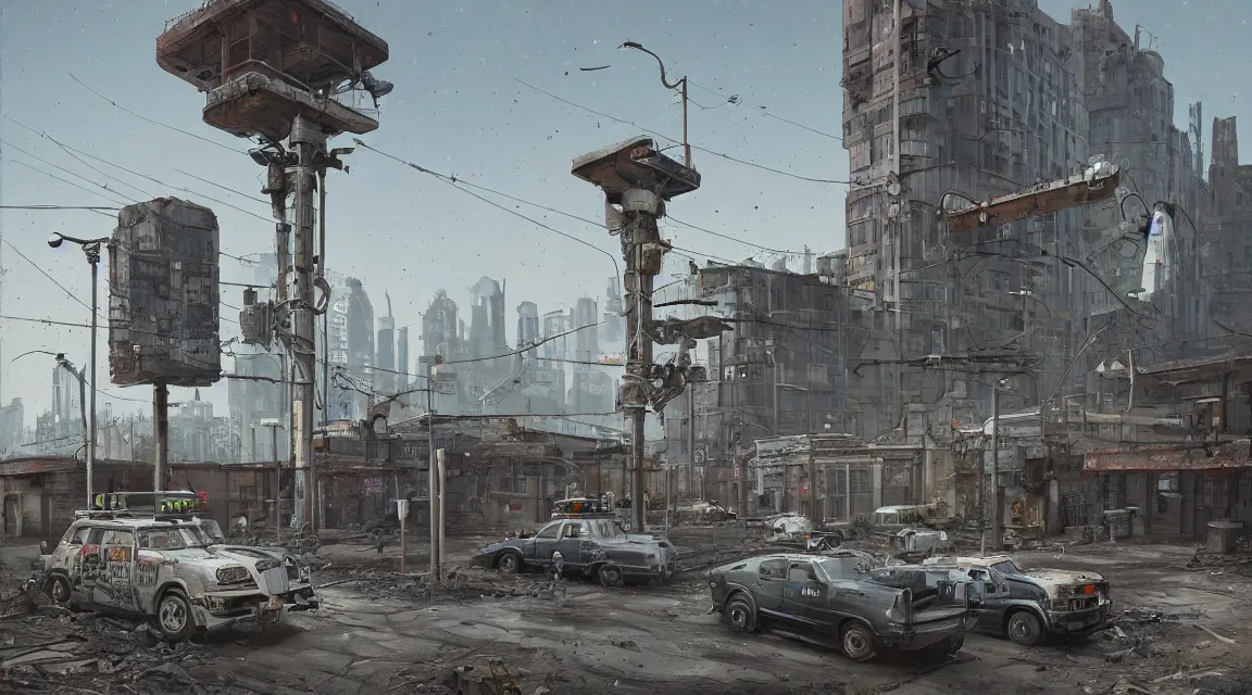 Prompt: Post Apocalyptic police station, building, avenue, urban architecture, americana architecture, concrete architecture, paved roads, by Simon Stålenhag, by h.r. giger, trending on artstation, Photorealistic