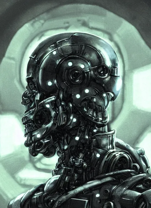 Prompt: 2 8 mm macro photo of metal skull half covered face with cybernetic enhancements as seen from a distance, scifi character portrait by greg rutkowski, canon 5 0 mm, film, photography, esuthio, craig mullins, 1 / 4 headshot, cinematic lighting, dystopian scifi gear, gloomy, profile picture, mechanical, half robot, implants, solarpunk