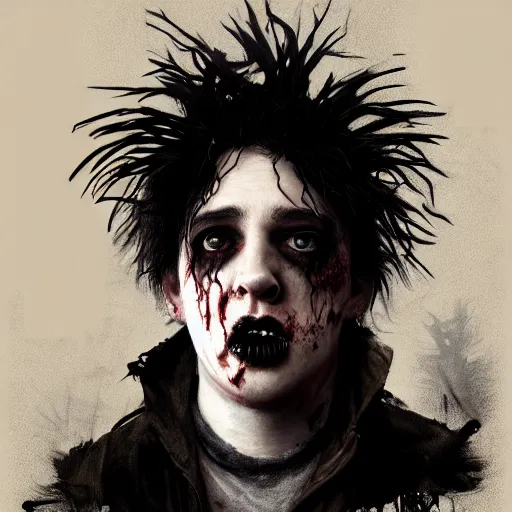 Image similar to portrait of young robert smith as a zombie, 7 days to die zombie, fine art, award winning, intricate, elegant, sharp focus, cinematic lighting, highly detailed, digital painting, 8 k concept art, art by guweiz and z. w. gu, masterpiece, trending on artstation, 8 k