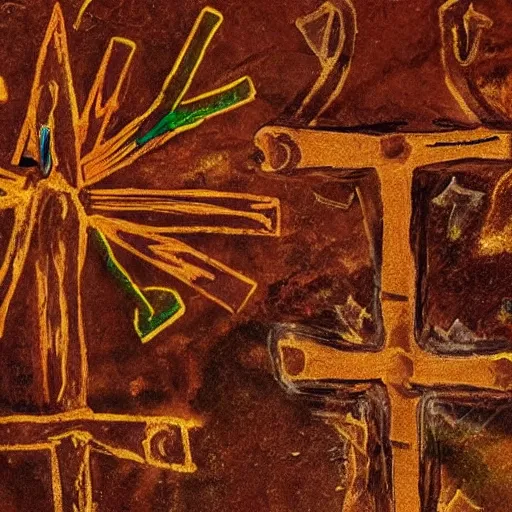 Image similar to cave painting, ultra hd, depiction of crosses and ufos, very detailed