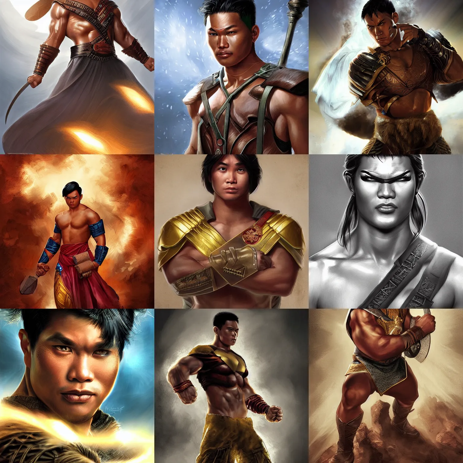 Prompt: male filipino warrior superhero, digital illustration portrait design by, mark brooks and brad kunkle detailed, gorgeous lighting, wide angle action dynamic portrait