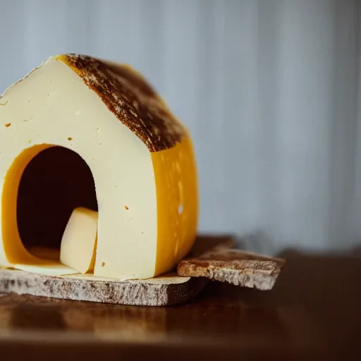 Prompt: house made from cheese, photography