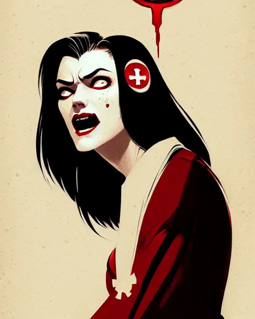 Image similar to beautiful female vampire nurse cap, symmetrical face, evil grin, cinematic, dramatic, super detailed and intricate, by koson ohara, by darwyn cooke, by greg rutkowski
