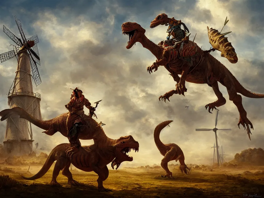 Prompt: portrait of a don quixote riding a dinosaur attacks a windmill, digital art, highly detailed, stunning scene, 4 k, realism, bright colors, trending on artstation