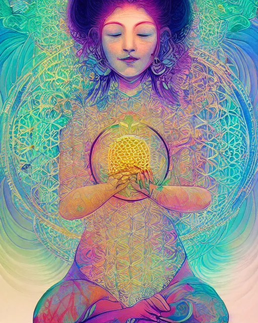 Image similar to flower of life contented peaceful bright eyes smiling bodhisattva, praying meditating, portrait, intricate, colorful, symmetrical, art by artgerm and wlop and james jean and carne griffiths, artstation 8 k uhd