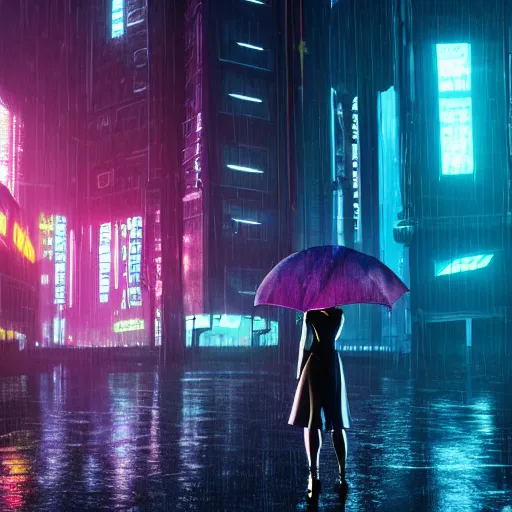 Image similar to ciberpunk city of the future, blade runner style, octane render, digital art, rain, beautiful girl with umbrella wearing a clear raincoat , pink hair, cinematic, 8k, very intricate, 80's, night time,