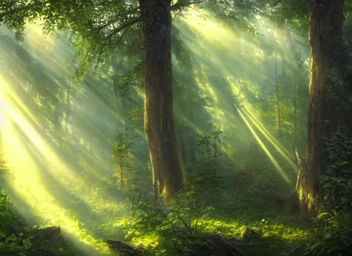 Prompt: a hyper-detailed oil painting of a fantasy forests with rays of light coming through the canopy; an extraordinary masterpiece!!!; flawless; photorealistic; trending on artstation; f/1.4; 90mm