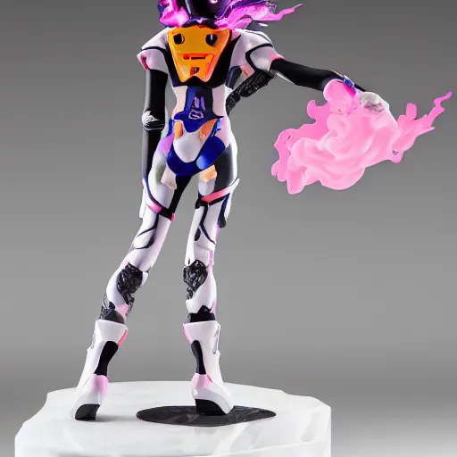 Image similar to extremely beautiful photo of a white marble statue of an anime girl with colorful motocross logos and motorcycle helmet with closed visor, colorful smoke in the background, carved marble statue, fine art, neon genesis evangelion, virgil abloh, offwhite, highly detailed, 8 k, hyperreal