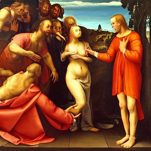 Image similar to renaissance painting of a man meeting satan