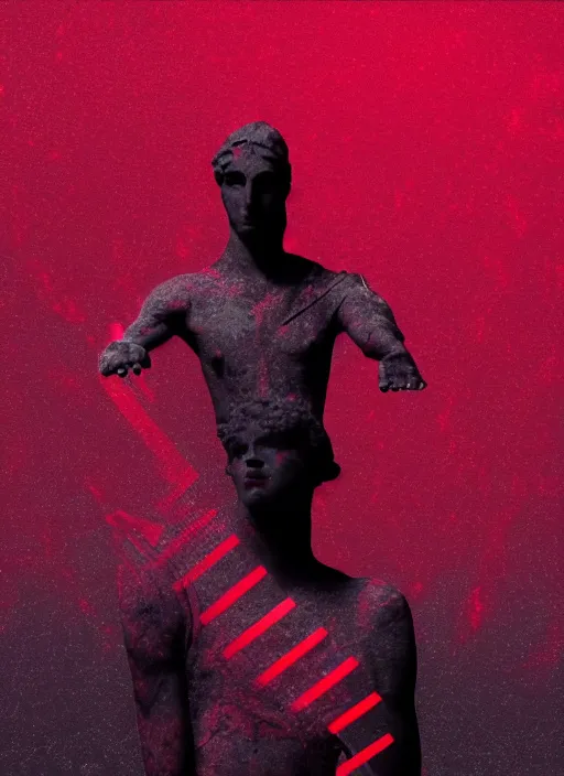 Image similar to black background with subtle red and purple design elements, greco roman statue, grey, nekro, thin lines, dark, glitch art, neo vaporwave, gritty, thin red frame, trending on artstation