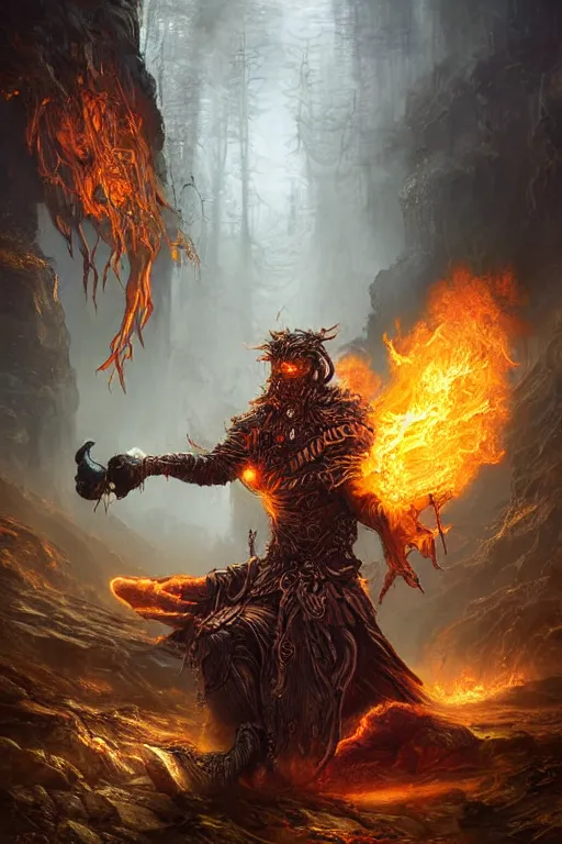 Prompt: highly detailed elden ring portrait photo of a flamewalker wielding carrying a cup of tea in a scenic dystopian environment, hyperrealistic illustration by william didier - pouget