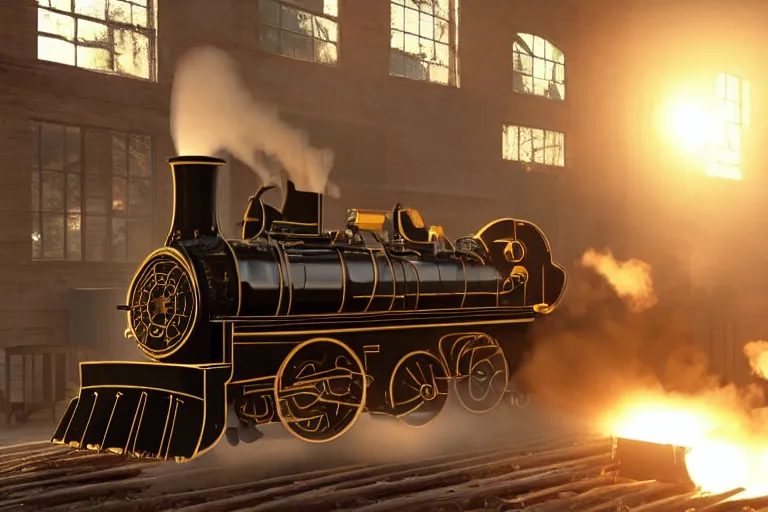 Image similar to still photo of the invention of steam engine, highly detailed, photorealistic shot, bright studio setting, studio lighting, crisp quality and light reflections, unreal engine 5 quality render