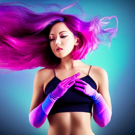 Image similar to a award winning full body shot of a beautiful woman in a croptop with a ombre purple pink teal hairstyle with head in motion and hair flying, gloves, outrun, vaporware, vivid colors, highly detailed, fine detail, intricate