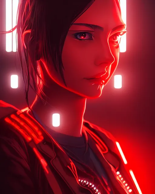 Prompt: a detailed potrait of a cyberpunk cyborg girl with black and red parts, fine - face, realistic shaded perfect face, fine details. night setting. very anime style. realistic shaded lighting poster by ilya kuvshinov katsuhiro, unreal engine, global illumination, radiant light, detailed and intricate environment