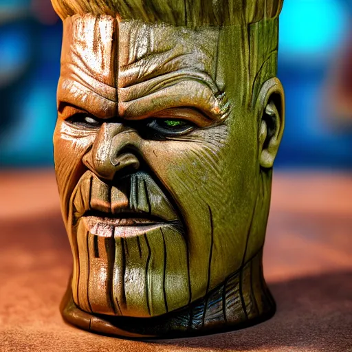 Image similar to a closeup photorealistic photograph of a glossy thanos style tiki mug sitting at a trader vic's bar featuring the face of thanos. tiki party. bright scene. fine detail. this 4 k hd image is trending on artstation, featured on behance, well - rendered, extra crisp, features intricate detail, epic composition and the style of unreal engine.