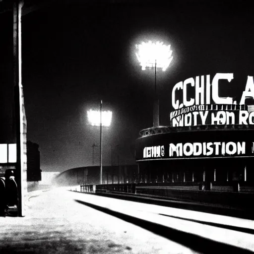 Image similar to art deco sports stadium, chicago, city, dark city, film noir, olympics event 1930's, moody lighting, cinematic, movie frame, Road to Perdition