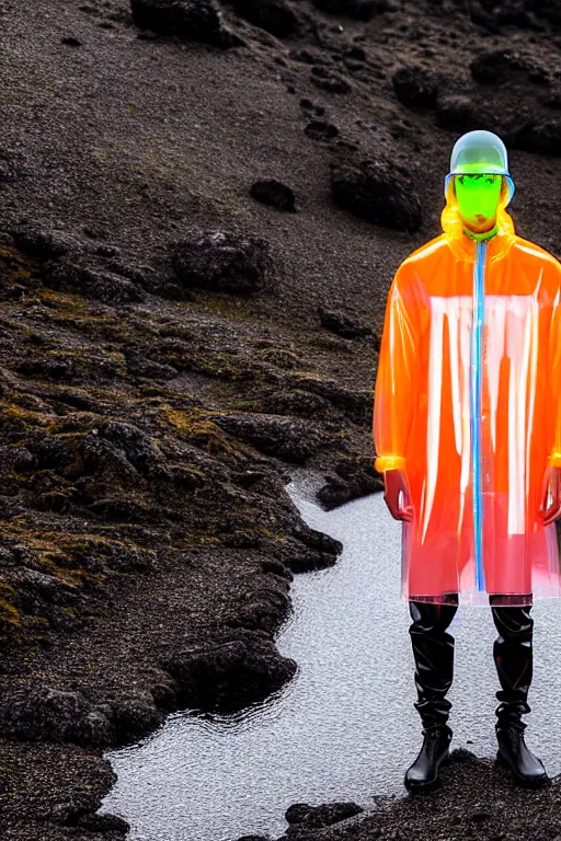 Prompt: an ultra high definition professional high fashion portrait studio full length photograph of a male model wearing a transparent pearlescent raincoat and neon visor in an icelandic black rock environment at dawn. no artefacts. extremely detailed. stark. refraction. shallow depth of field. volumetric light and shadow. ray tracing. light rays.