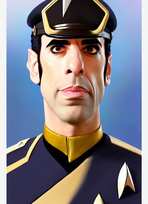 Image similar to cute star trek officer sacha baron cohen, natural lighting, path traced, highly detailed, high quality, digital painting, by don bluth and ross tran and studio ghibli and alphonse mucha, artgerm