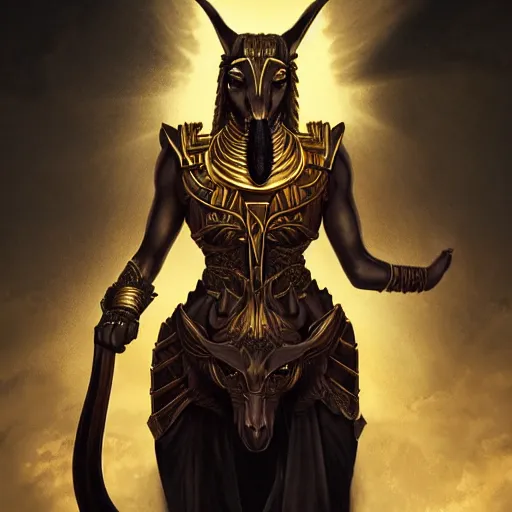 Image similar to majestic gracious anubis female warrior portrait, menacing, atmospheric lighting, painted, menacing, overpowering, intricate, volumetric lighting, beautiful, rich deep colours masterpiece, golden hour, sharp focus, ultra detailed, by leesha hannigan, ross tran, thierry doizon, kai carpenter, ignacio fernandez rios