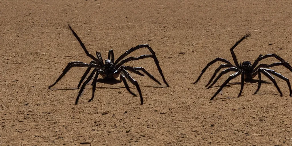 Image similar to giant spider alien chasing a group of soldiers like the film stargate on a desert world, telephoto shot, mid day, heat shimmering.