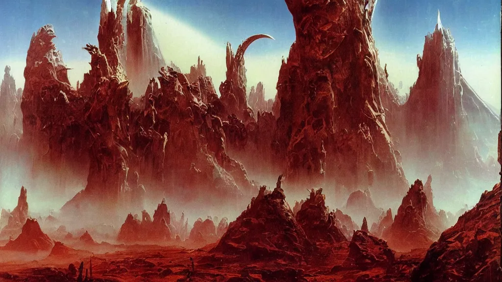 Image similar to surreal eerie alien planet empire by frank frazetta and bruce pennington, cinematic matte painting