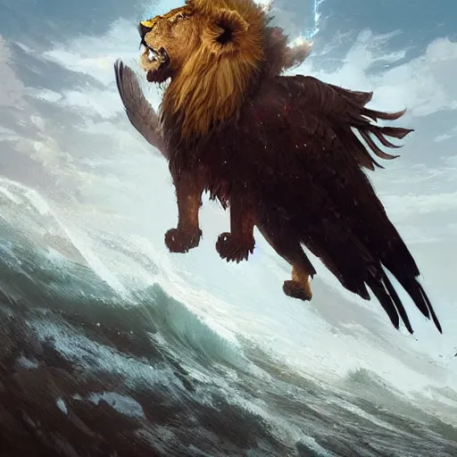 Image similar to A lion with eagle wings emerging from the sea , digital Art, Greg rutkowski, Trending artstation, cinematographic, hyperrealistic