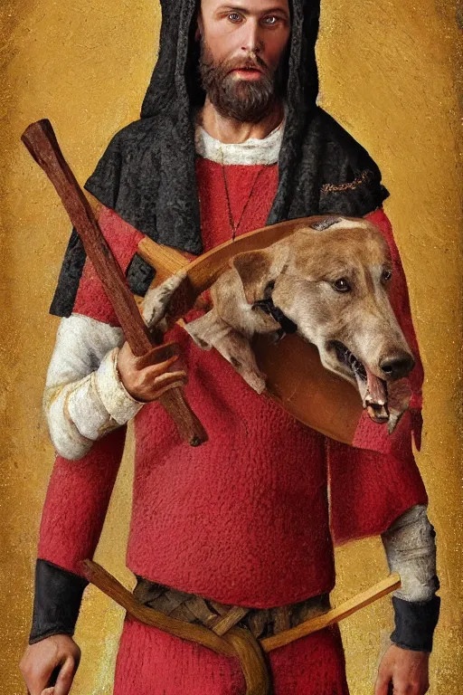 Image similar to Slavic dog head man holding an ax, woolen torso in medieval clothes, Orthodox Saint Christopher, oil painting, hyperrealism, beautiful, high resolution, trending on artstation,