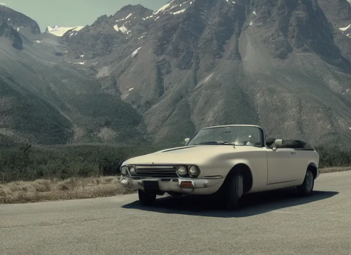 Image similar to a very high resolution image from a new movie, eminem driving a car. mountains, directed by wes anderson