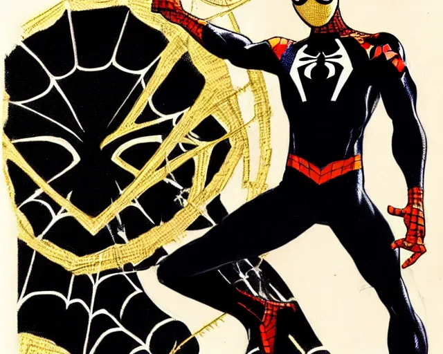 Image similar to photorealistic sketch of black spider - man with gold webbing by steve ditko