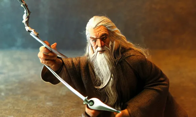 Prompt: gandalf with robotic arm and hand battling a balrog 3 5 mm photograph