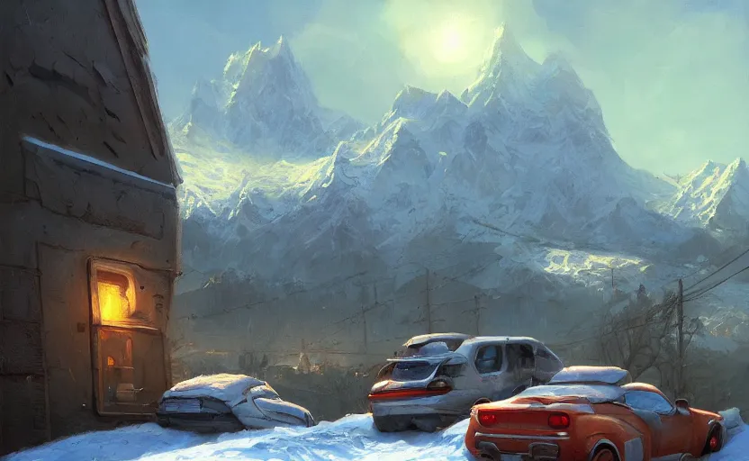 Prompt: 🌆 🚙 ❄ 🏔, by tyler edlin, scott listfield, detailed, realistic, real, atmospheric, hd, artstation, deviant art, painting