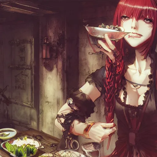 Image similar to goth woman eating dinner color page, tankoban, 4 k, tone mapping, akihiko yoshida, james jean andrei riabovitchev marc simonetti, yoshitaka amano, long hair, curly, h. hydrochaeri