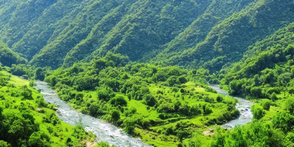 Image similar to a lush green valley with a great meandering river, blue waters, morning light, sun, beautiful, landscape view, village by the river