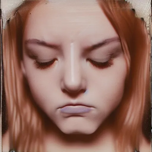 Image similar to a liquid porcelain portrait of a girl face melt down, realistic detailed photography polaroid