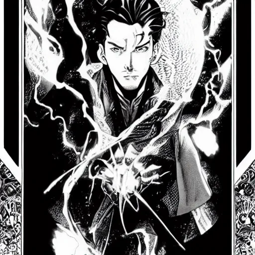 Image similar to pen and ink!!!! attractive 22 year old Dr. Strange Gantz monochrome!!!! Frank Zappa x Ryan Gosling highly detailed manga Vagabond!!!! telepathic floating magic swordsman!!!! glides through a beautiful!!!!!!! battlefield magic the gathering dramatic esoteric!!!!!! pen and ink!!!!! illustrated in high detail!!!!!!!! graphic novel!!!!!!!!! by Hiroya Oku!!!!!!!!! and Frank Miller!!!!!!!!! MTG!!! award winning!!!! full closeup portrait!!!!! action manga panel